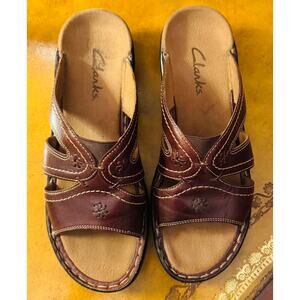 Clarks Womens Joanna Slides Sandals Brown Floral Embroidered Leather Slip On 6 M